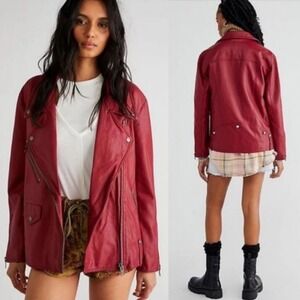 Free People Vegan Leather‎ Jacket Moto Biker Womens Size Large Rhubarb Red Boho